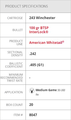 Hornady American Whitetail .243 Win 100gr InterLock SP 20 Rounds