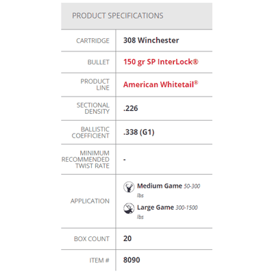 Hornady American Whitetail .308 Win 150gr InterLock SP 20 Rounds