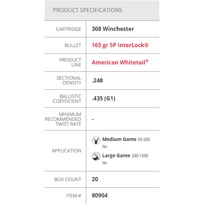 Hornady American Whitetail .308 Win 165gr InterLock SP 20 Rounds