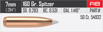 Nosler AccuBond Spitzer 7mm .284" 160gr Projectiles 50 Count