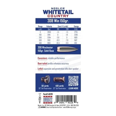 Nosler Whitetail Country .308 Win 150gr Solid Base 20 Rounds