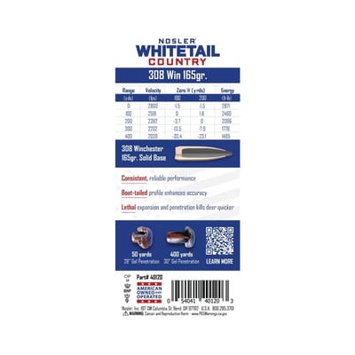 Nosler Whitetail Country .308 Win 165gr Solid Base SP 20 Rounds