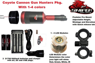 Sniper Hog Lights Coyote Cannon Light Red LED + Predator Pro Mount + 21700 Batteries & Charger